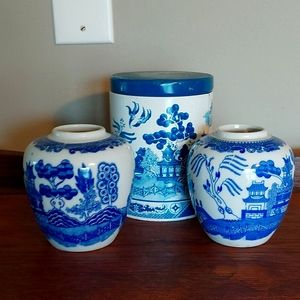 Blue willow vases and canister